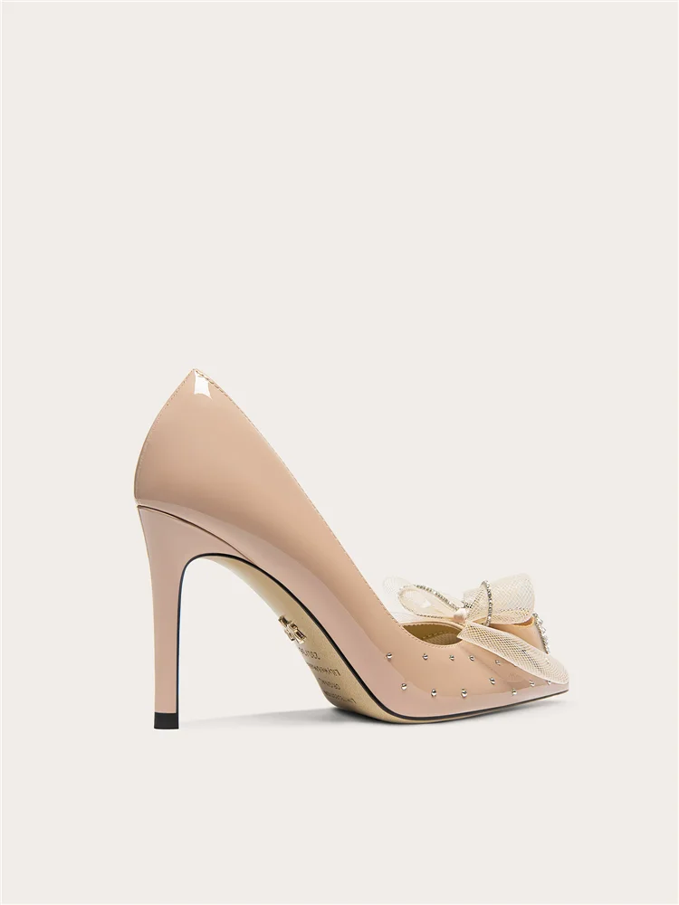 Spring new pointed patent leather mesh bow rivet flat shoes banquet large size small size widened version high-heeled women shoe