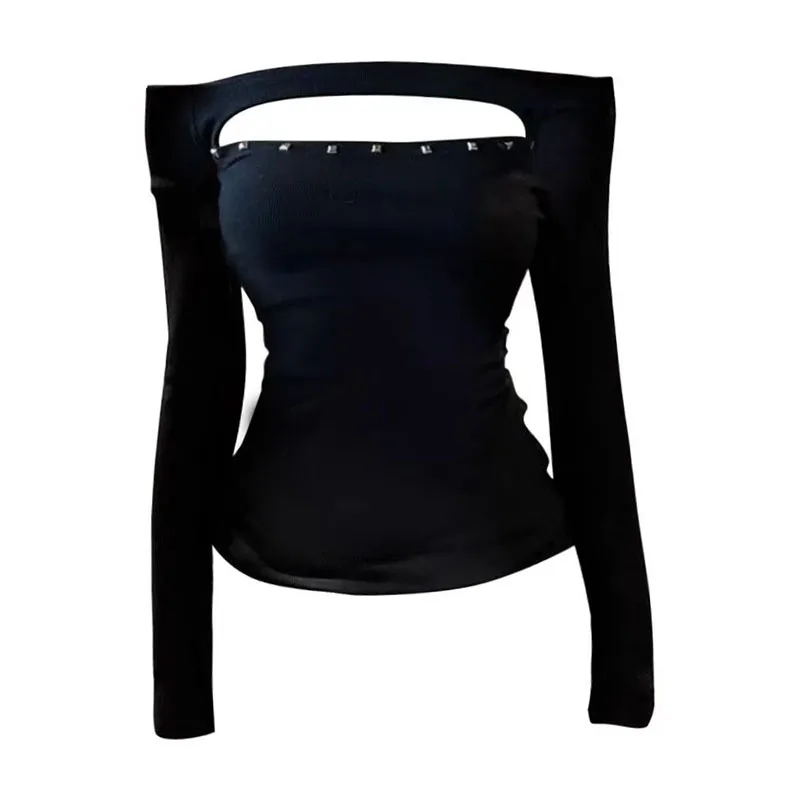 시슬림 리벳 홀 아웃 여성 티셔츠 긴팔 블랙 2000년대 의류 Y2k 슬림 가을 탑 오프숄더 티 여성 의류