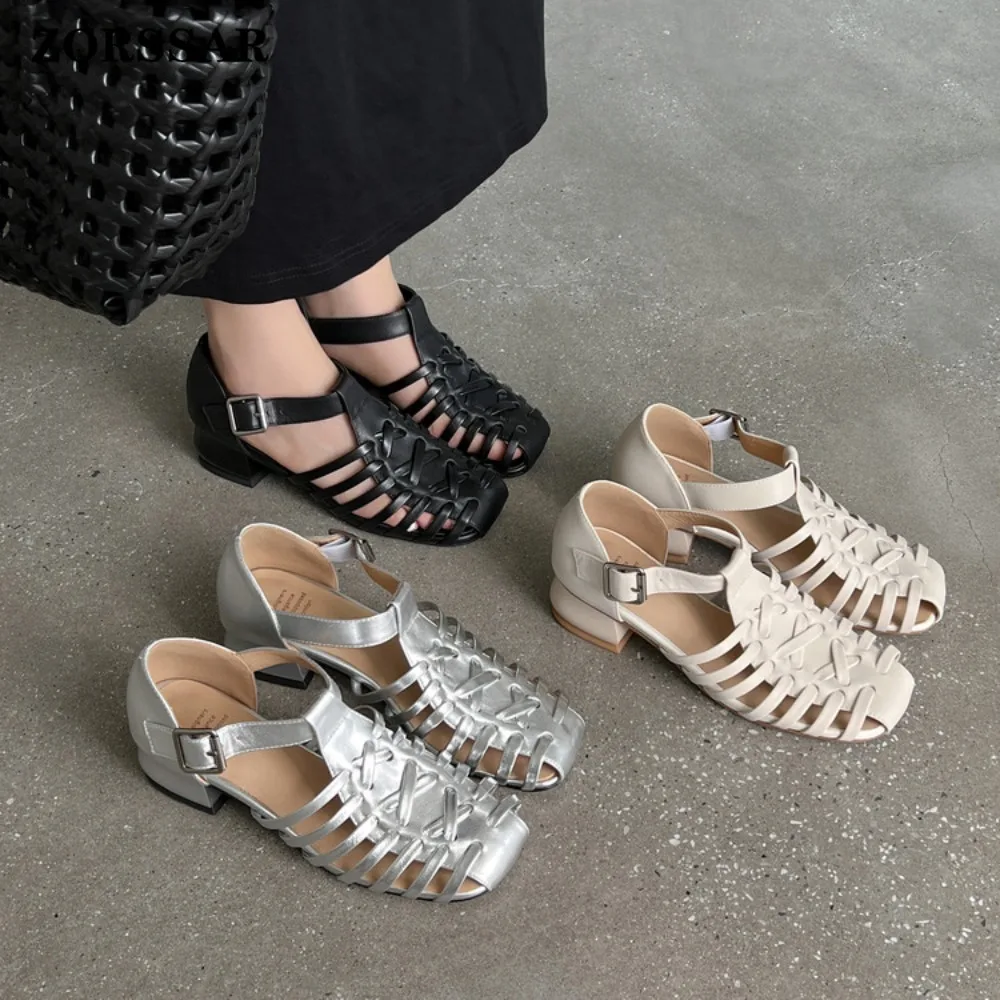 Women's Woven Gladiator Sandals, Closed Toe Block Heel Ankle Buckle Fisherman Shoes, Casual Summer Leather Footwear for Ladies