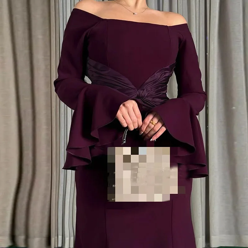 عارضة المرقعة سليم الصلبة مساء اللباس سيدة أنيقة قبالة الكتف عالية الخصر اللباس الخريف متوهج كم مزاجه فستان طويل