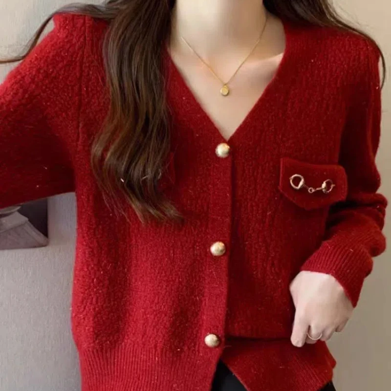 Spring Autumn New Solid Color V-neck Long Sleeve Fashion Shirt Women High Street Button Patchwork Cardigan Elegant Vintage Tops