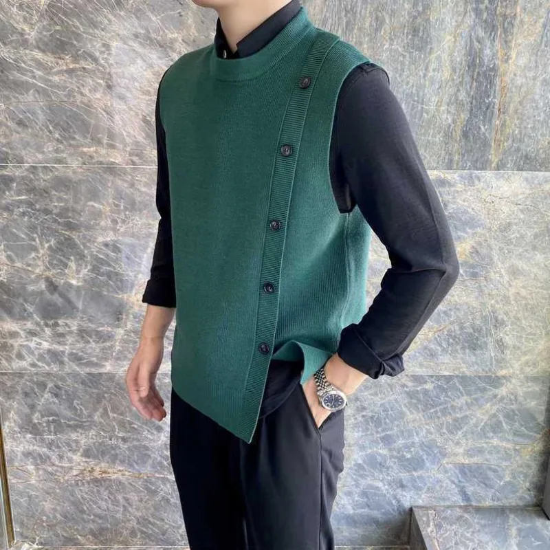 Men\'s Clothing Green Knit Sweater Male Crewneck Sleeveless Business Waistcoat Vest Round Collar Elegant Classy Fashion 2024 Tops