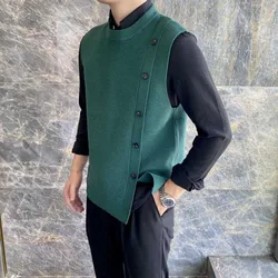 Men's Clothing Green Knit Sweater Male Crewneck Sleeveless Business Waistcoat Vest Round Collar Elegant Classy Fashion 2024 Tops