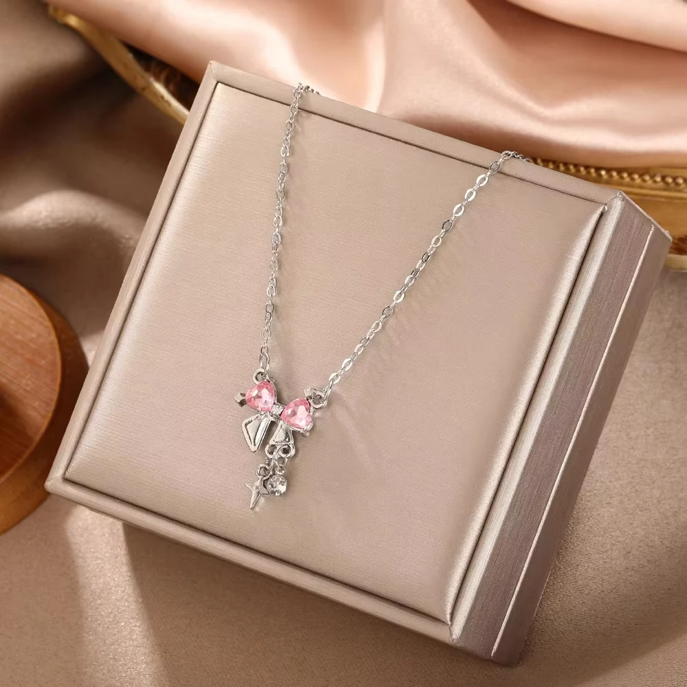 Sweet Pink Bow Necklace Ladies Fashion Sparkling Rhinestone Star Shape Pendant Clavicle Chain Delicate Wedding Accesories