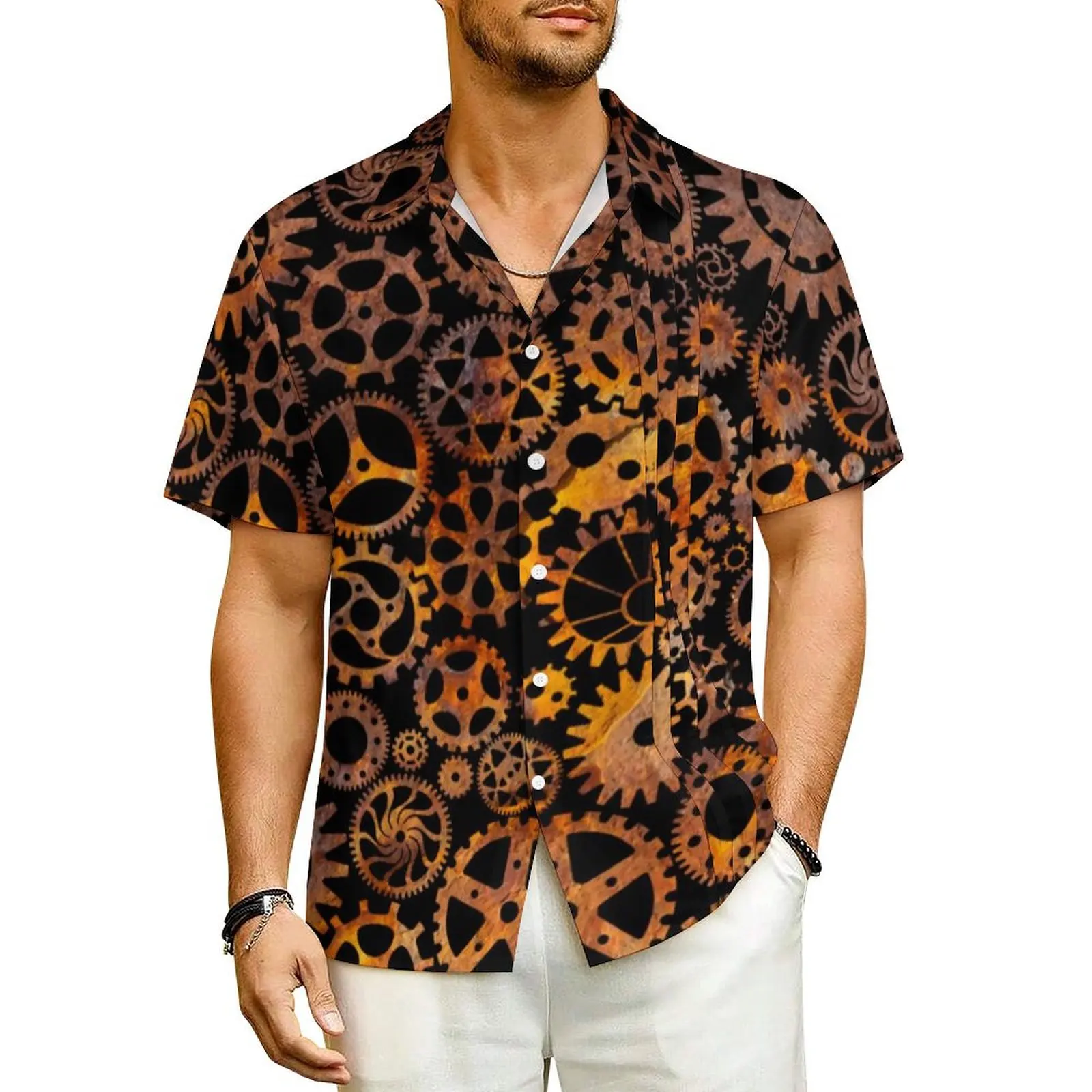 

Steampunk Super Hawaiian Shirt For Men Beach Colorful Rusty Gears Casual Shirts Short-Sleeve Fashion Elegant Plus Size Blouses