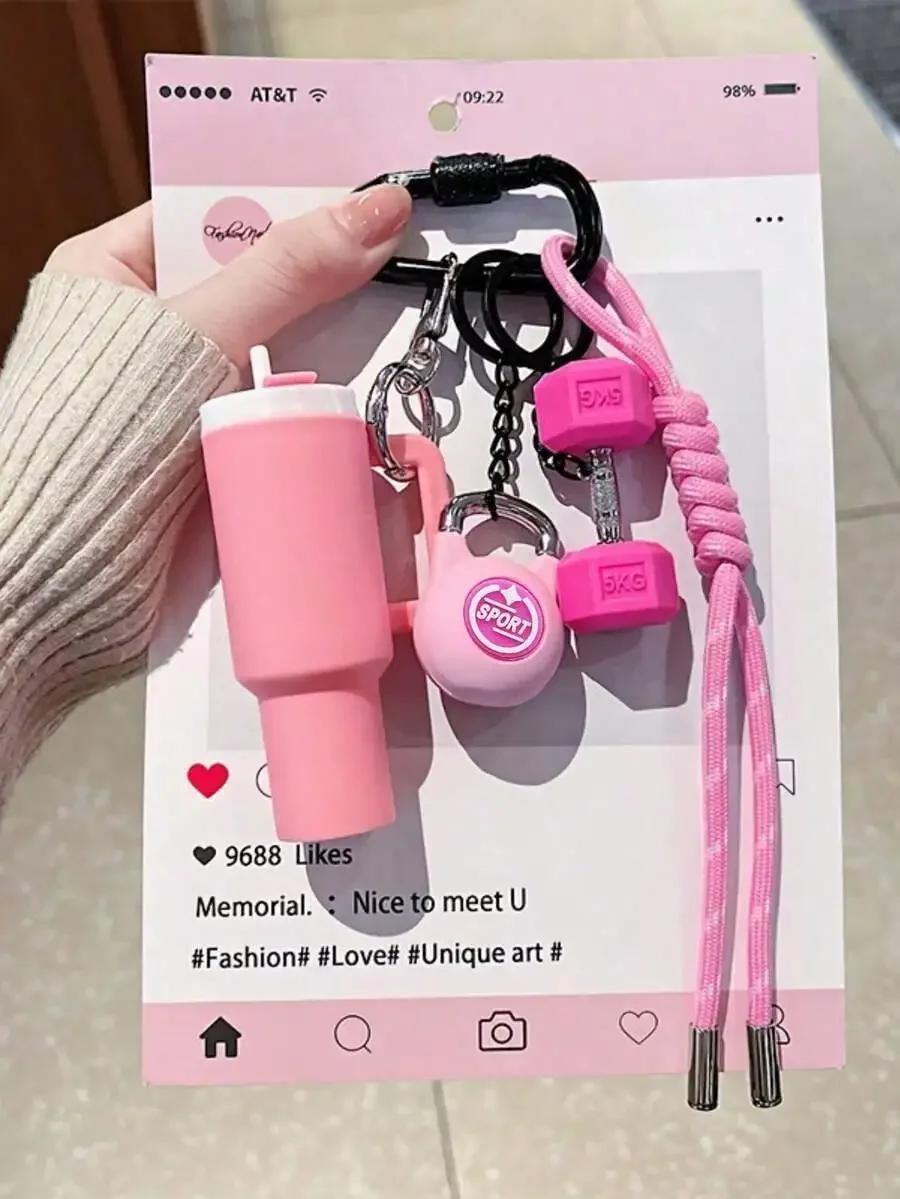 Pink Fitness Keychain Set with Dumbbell and Kettlebell