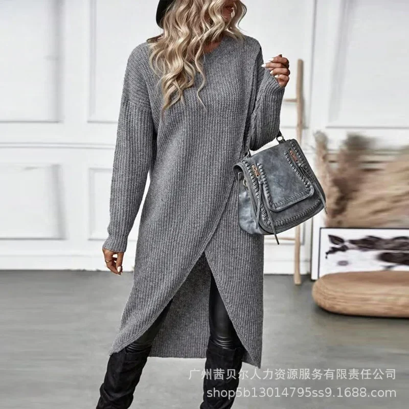 Long Sleeve Medium and Long Sweater Dress Dark Gray Sweater Dress Women High Split Fork O-neck Loose Knitted Dress