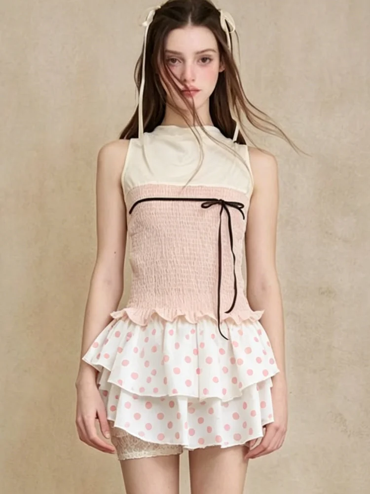 Sweet Polka Dot Multi Layer Ruffle Mini Skirt Elastic Waist Cute Party Skirt