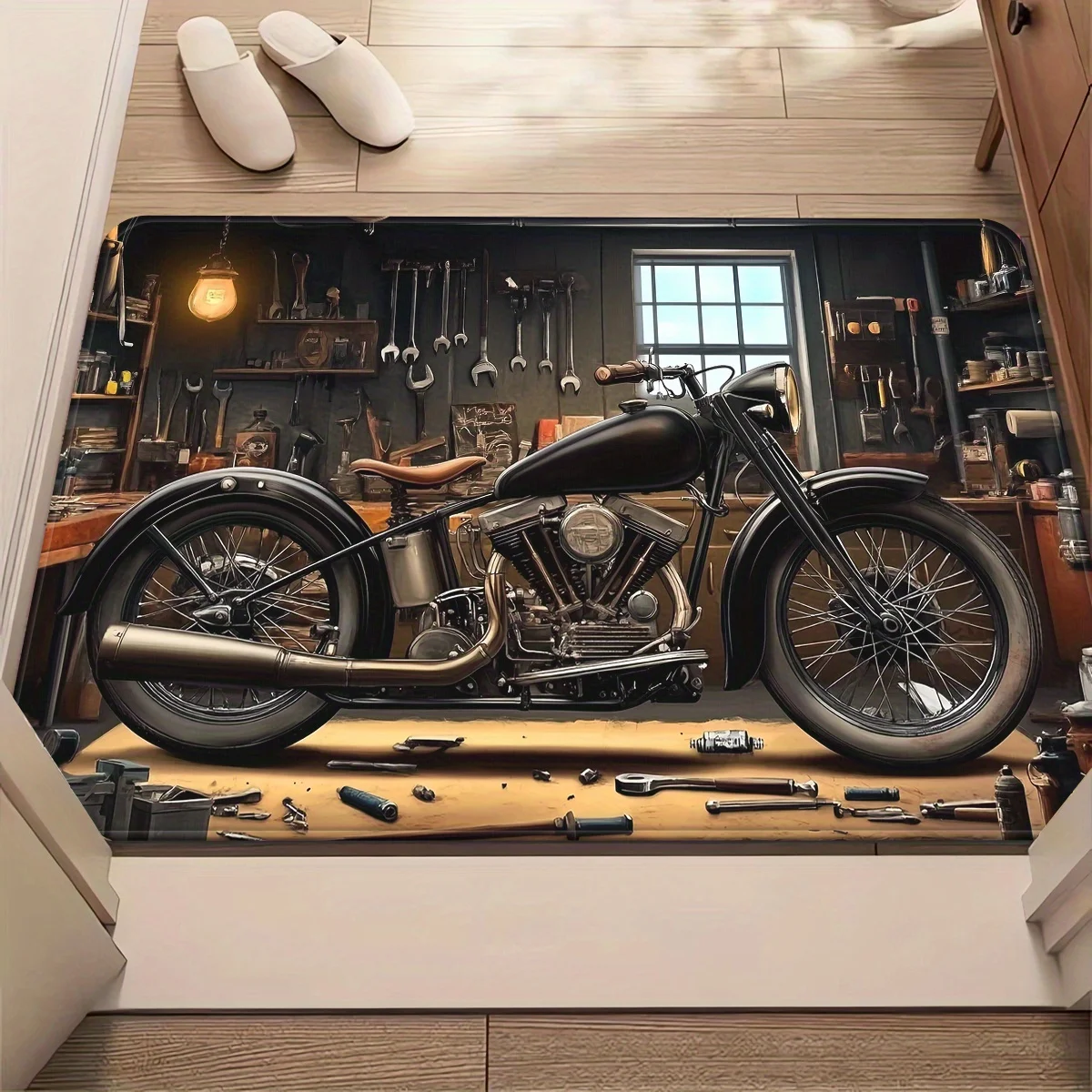Retro Motorcycle Workshop Design Area Rug - For Bathroom, Garage, Entryway - Vintage Bike Decor Indoor/Outdoor Mat