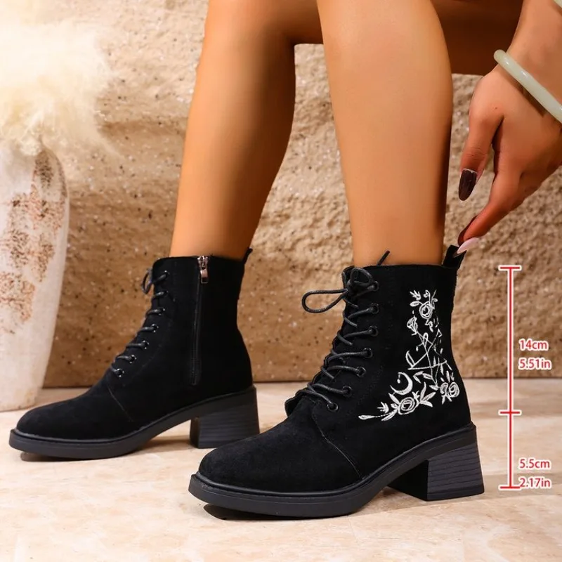 

Fashion Flower Platform Boots Chunky Punk Suede Leather Womens Gothic Shoes Nightclub Lace Up Back Zipper High Quality Plus Size