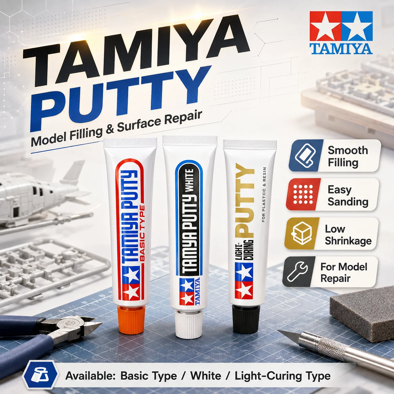 Image of Großhandel Tamiya Putty 87053/87095/87076 Grau Weiß Zahnpasta Modell Werkzeug für Montage Figur Modellbau Reparatur Abdichten