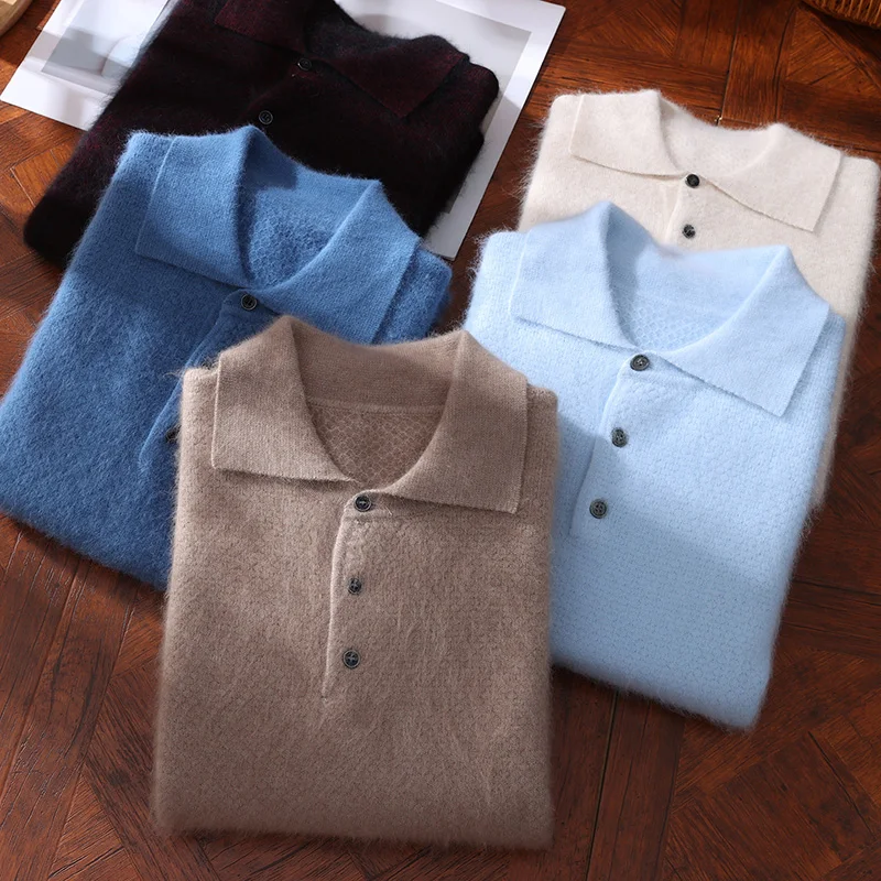 Autumn Winter New Men's Mink Cashmere Lapel Pullover T-Shirt Polo Collar Solid Color Wool Knitted Long Sleeve Sweater Business