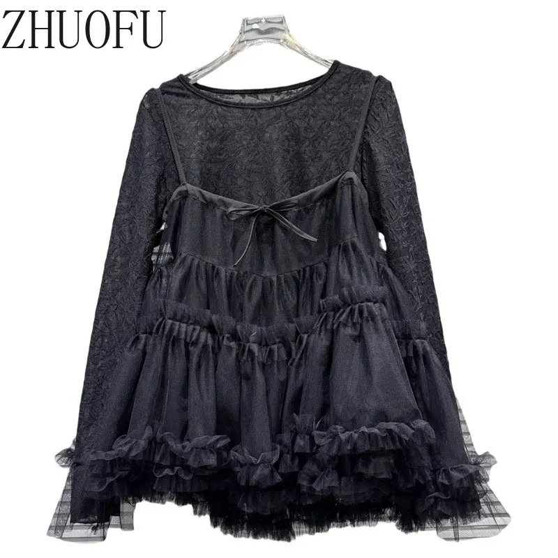 2026 Autumn New Women's Long-sleeved T-shirt Sweet Style Cute Embroidery Flower Lace Mesh Splicing Sling Two-piece Suit Ladies
