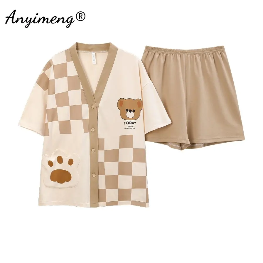 Cute Bear 100% Cotton Korean Style Sleepwear Summer High Quality Womens Pajamas Set Casual Kimono Lapel Shorts Homesuit for Girl