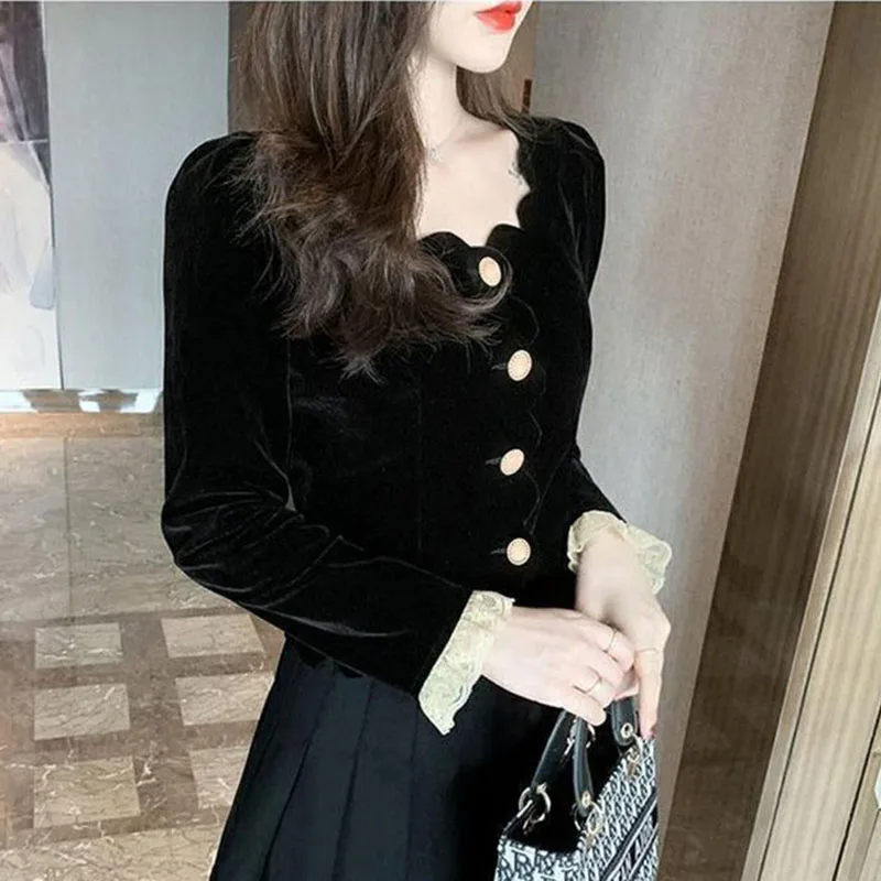 Vintage Korean Sexy Cropped Coat Women Fall Slim Black Velvet Thick Jacket Casual Office Lady Lace Long Sleeve O Neck Outwear