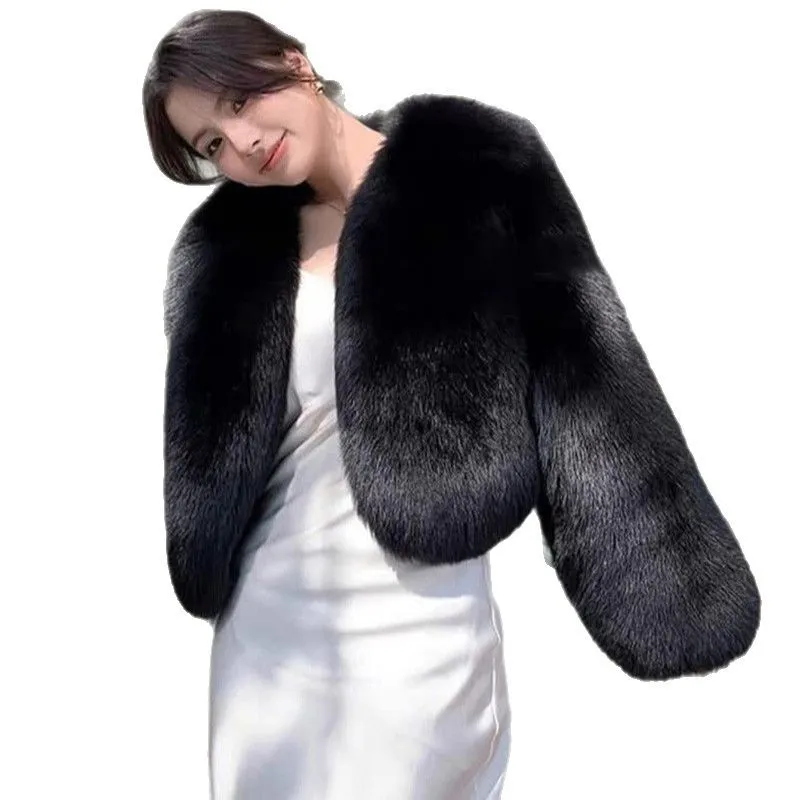 여성 인조 여우털 코트 숏 오버코트 솔리드 O넥 긴 소매 오픈 스티치 루즈 두꺼운 캐주얼 오피스 레이디 2025 가을 겨울