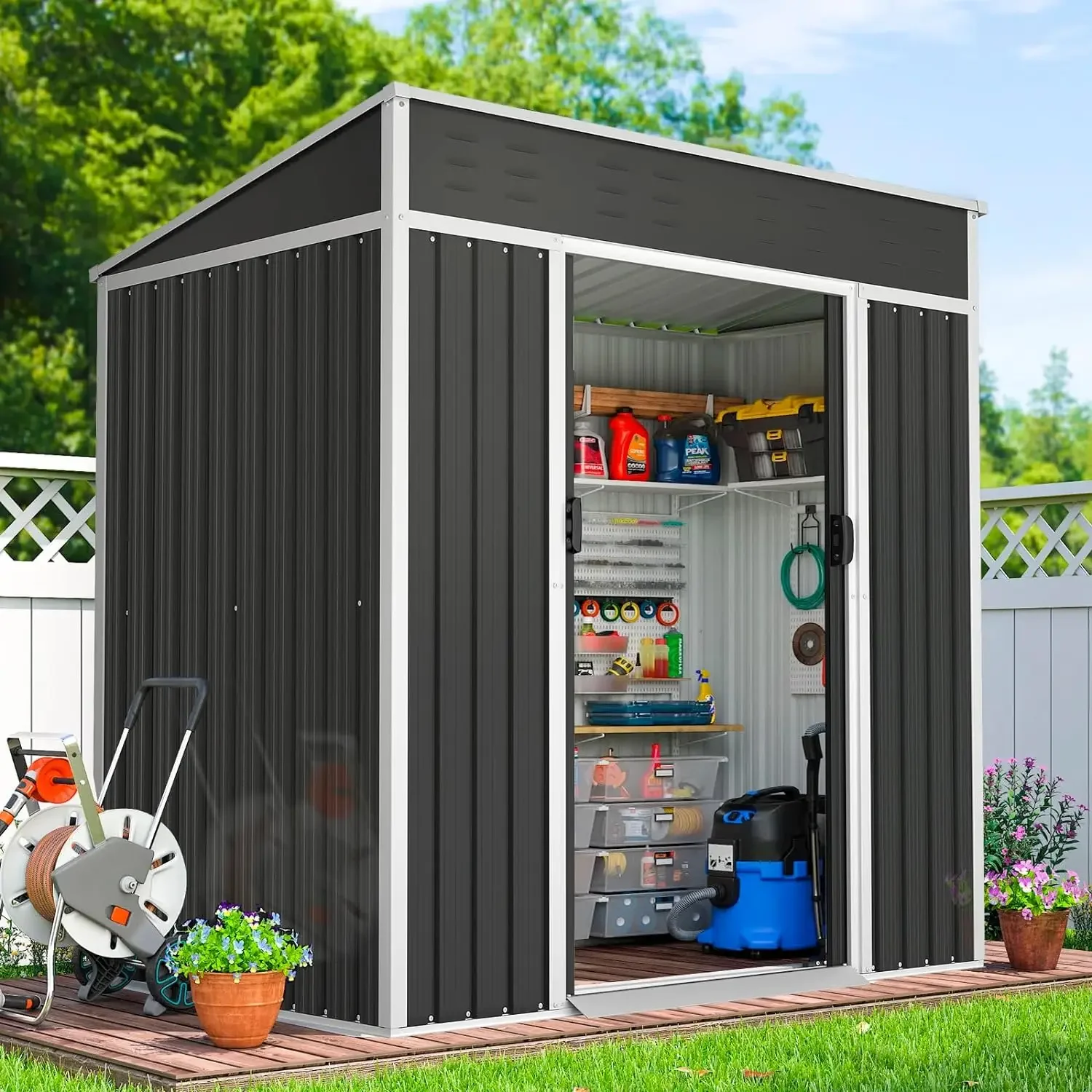 4x6FT Outdoor Storage,Double Sloping Roof , Metal Shed Kit with Double Doorknobs and Air Vents Galvanized with Sliding Door,Grey