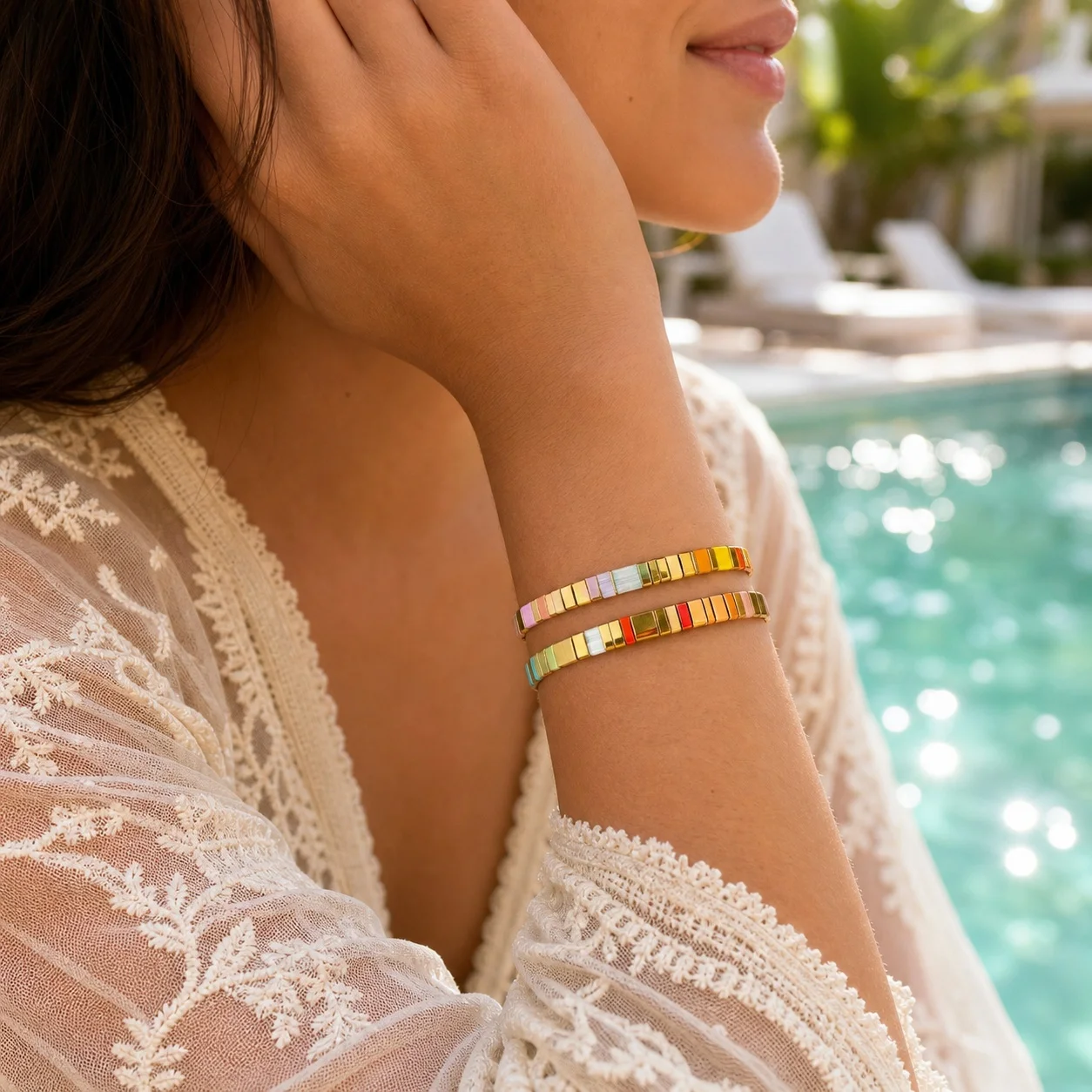 2pcs Colorful Glass Tile Beaded Bracelet for Women Trendy Geometric Stretch Stacking Wristband Summer Beach Style