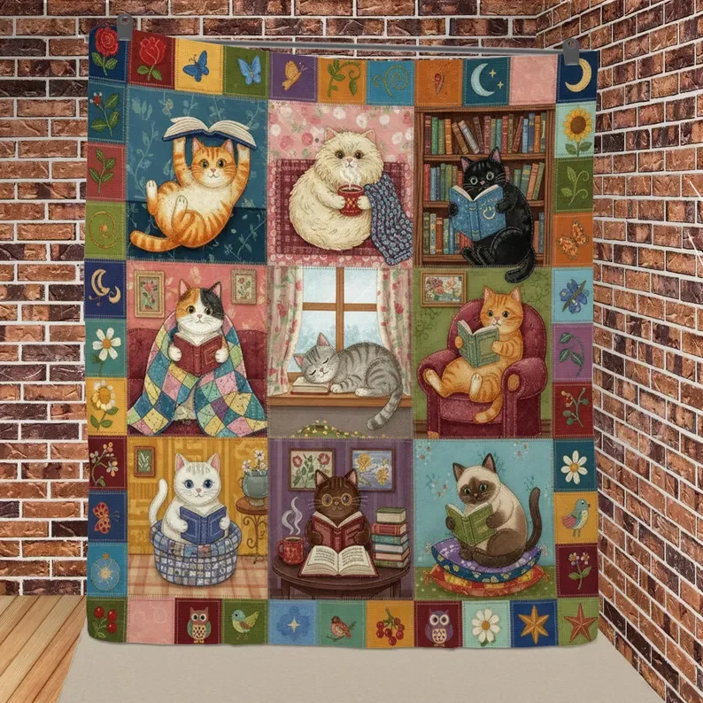 Cat Quilt Blanket Reading Theme, Book Lover Illustrations, Patchwork Style
