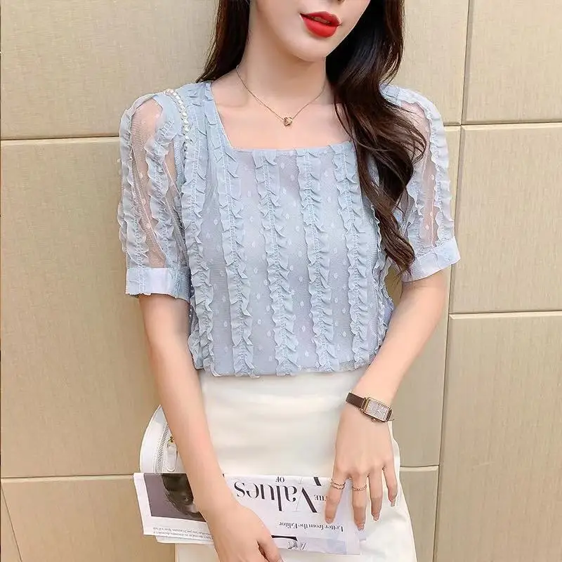 2024 New Summer Korean Edition Simple Short Sleeved Chiffon Pullover Solid Color Square Neck Hollow Lace Women\'s Shirt Top