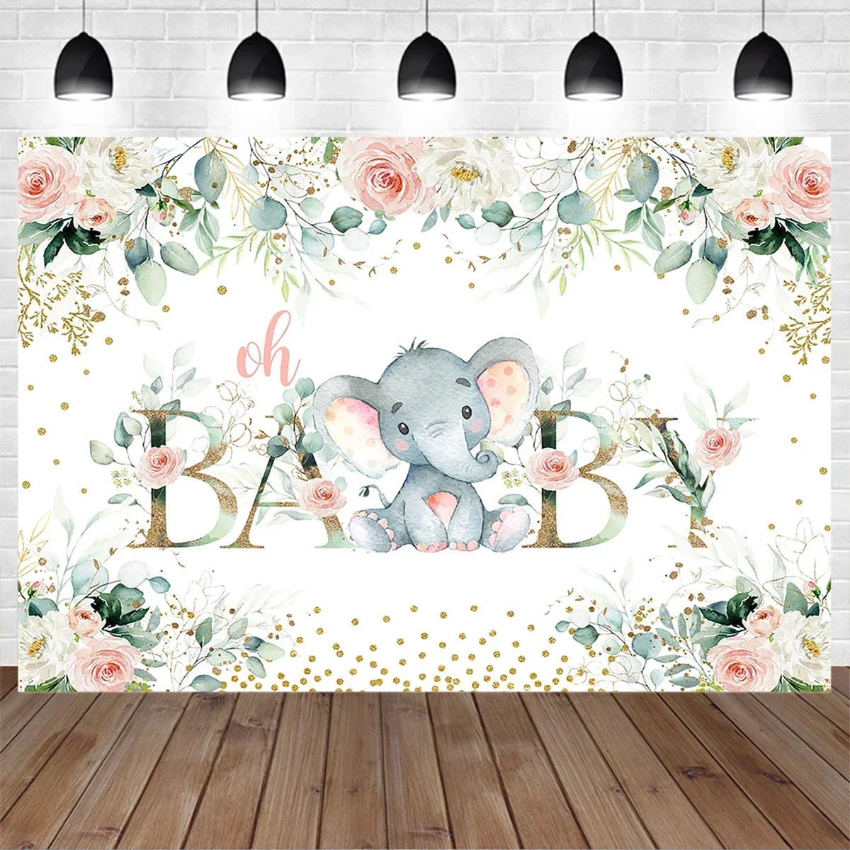 Mocsicka Elephant Girl Baby Birthday Decoration Pink Floral Green Leaf Golden Dot Glitter Photography Backdrop Children Portrait