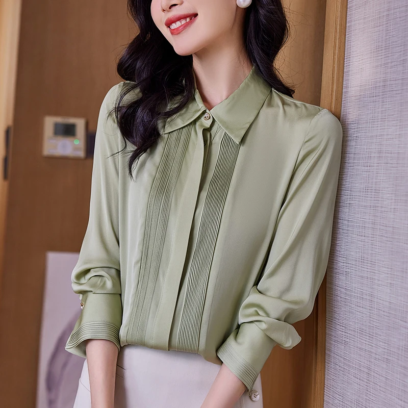 

New Elegant Shirts Women Long Sleeve Turn-down Collar Blouses Women's Button Shirt Office Lady Real Silk Blouse Solid Tops