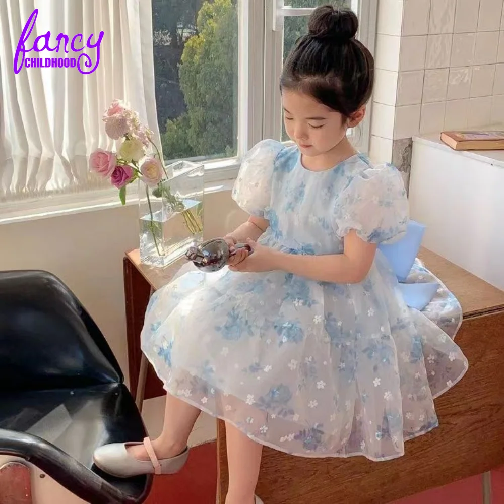 Summer Lace Princess Dress with Back Bow Toddler Girls Clothes Kids Dresses Puff Sleeve Wedding Evening Dress for Children