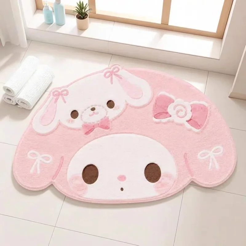 Girls Bedroom Decor Rug My Melody Irregular Head Faux Cashmere Pink Bow Non‑Slip Indoor Mat