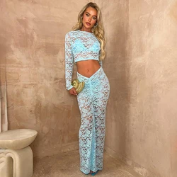 CUTENOVA Mesh See Through Summer Women 2-częściowy zestaw z długim rękawem Crop Top + Ruched Long Wrap Skirt Two Piece Sets Summer Beach Wear