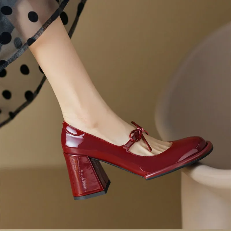 

Trendy Mary Jane Shoes Women Chunky Heel Red Leather Winter All Match Anti Slip Lolita Style Casual