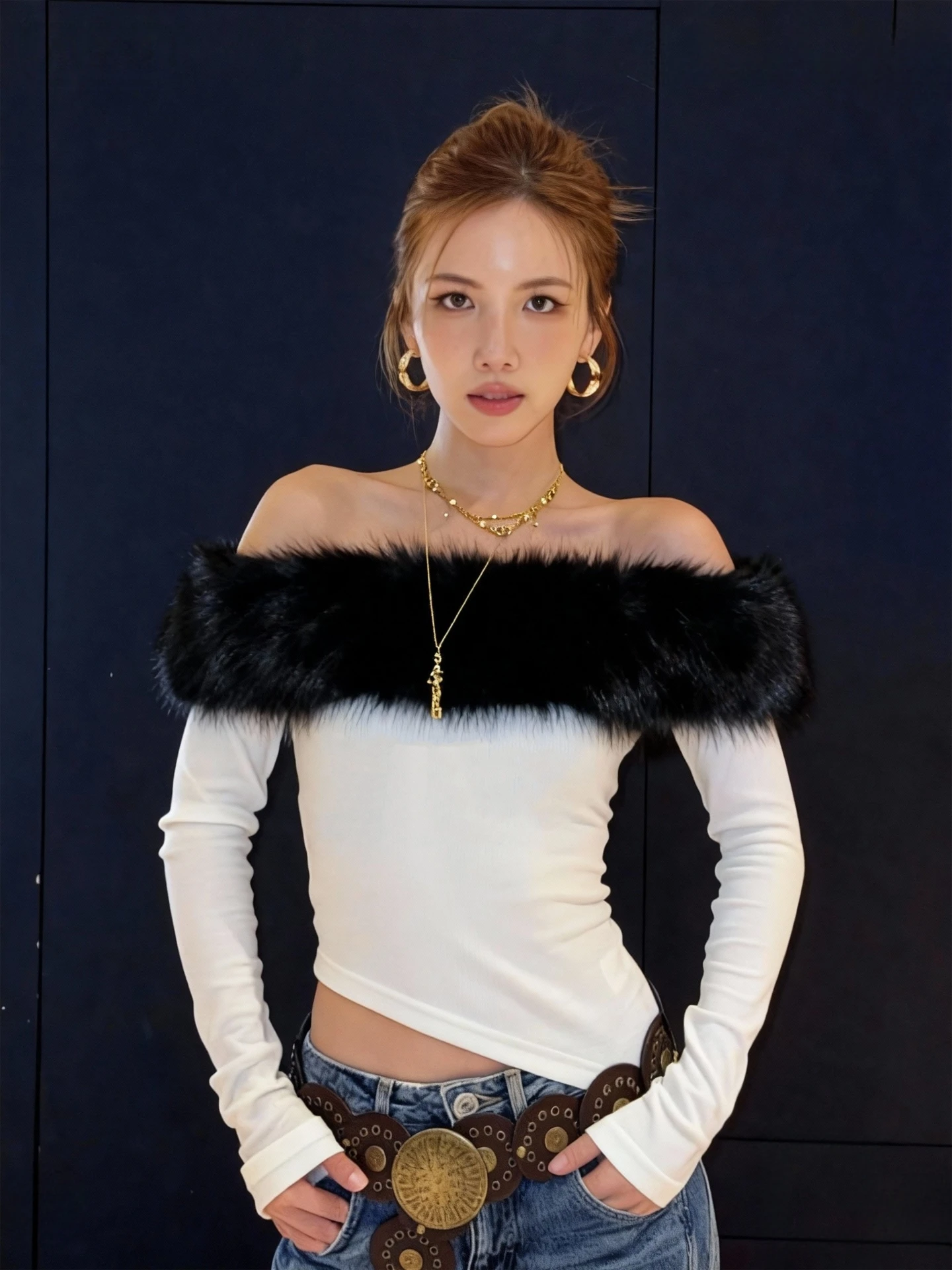 

Топ на одно плечо с меховым воротником, сексуальный, для новогодней встречи, зимний, длинный рукав, из смесового полиэстера