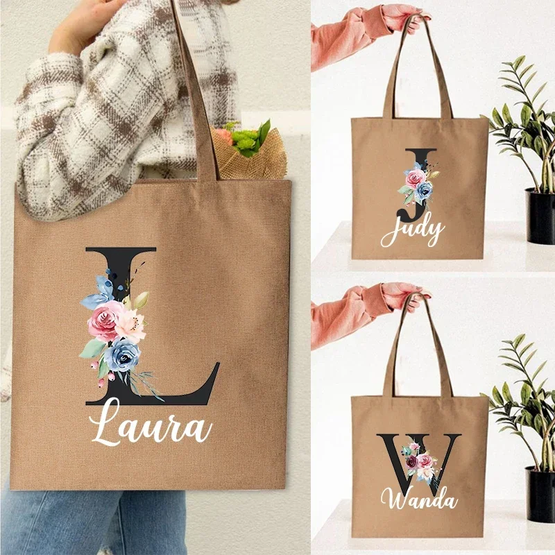 Foldable Shopping Bag Flower Letter Customize Name Linen Bag Ladies Casual Tote Bag Large Capacity Reusable Christmas Gift Bags