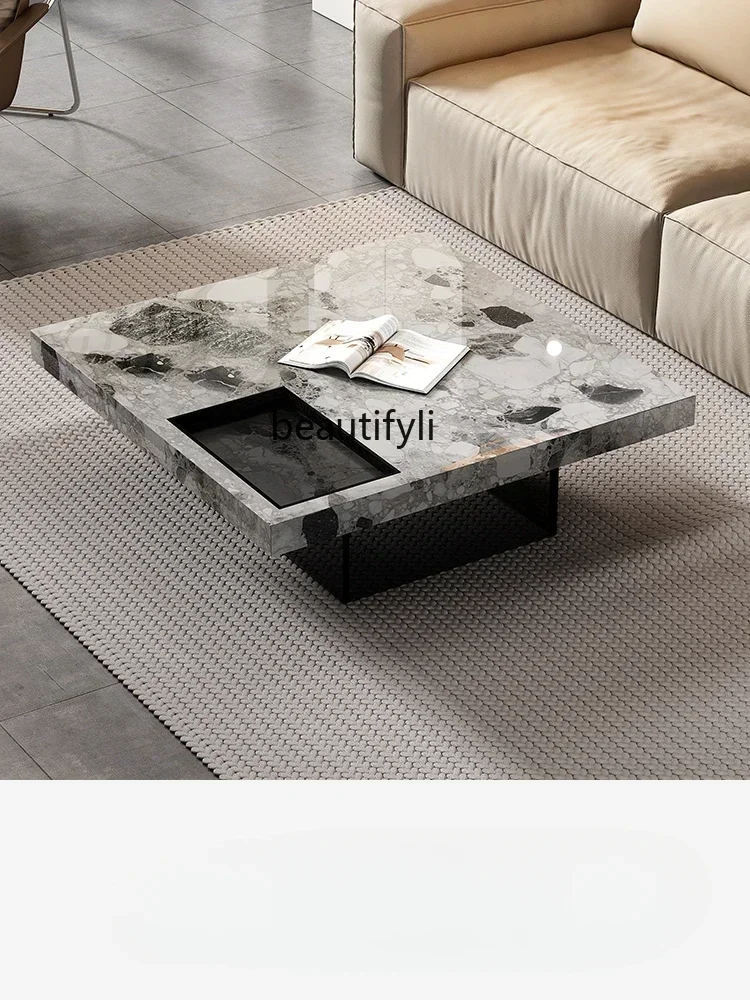 S Natural Marble Square Tea Table Italian Style Light Luxury Minimalist Living Room Suspension Tea Table