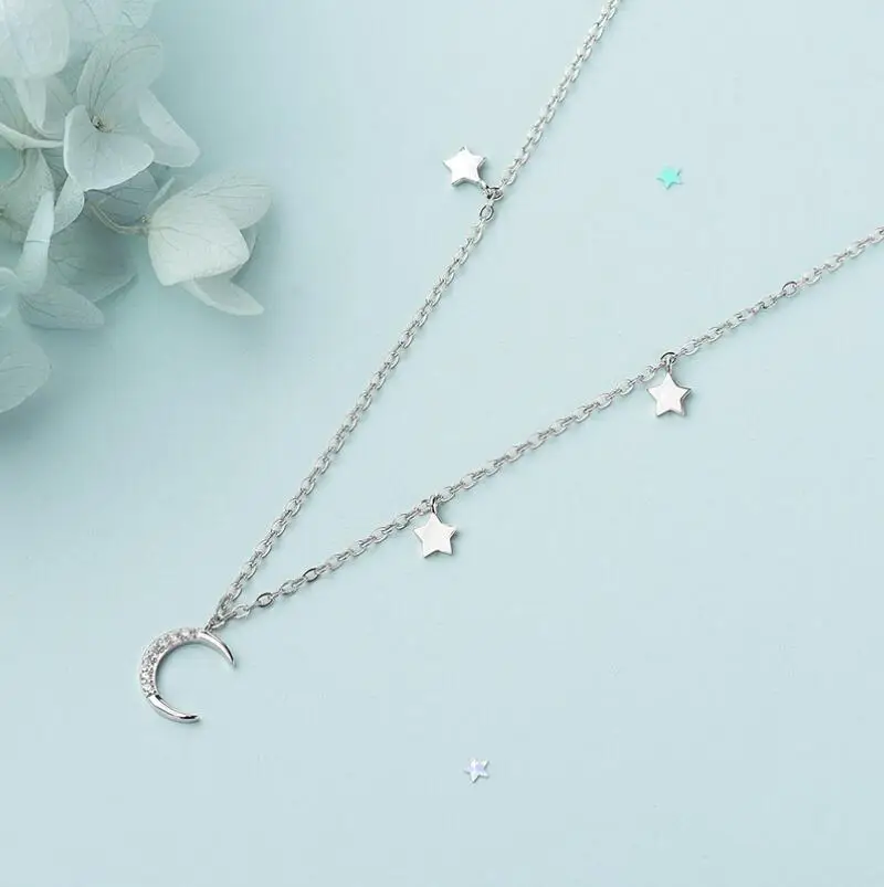 Real 925 Sterling Silver Fashion Sweet Moon Star CZ Choker Necklace For Women Wedding Valentine's Day Jewelry DB469