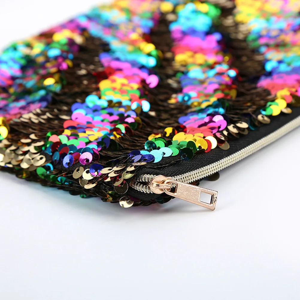 Sequined Glitter Pencil Bag Rainbow Silver Zipper Case Multifunctional Pouch Pen Organizer for Women Students