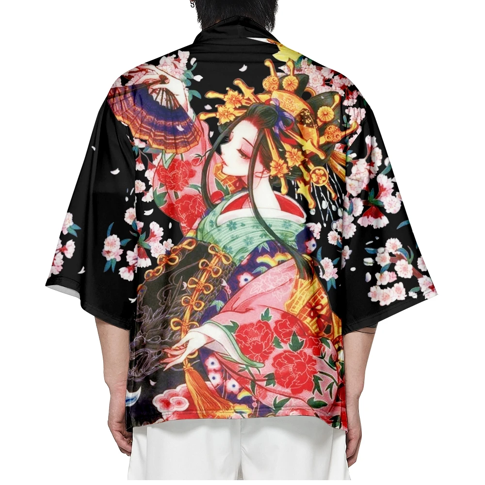 

Japanese Asian Harajuku Streetwear Cardigan Women Men Haori Fashion Black Print Kimono Cosplay Yukata Clothes