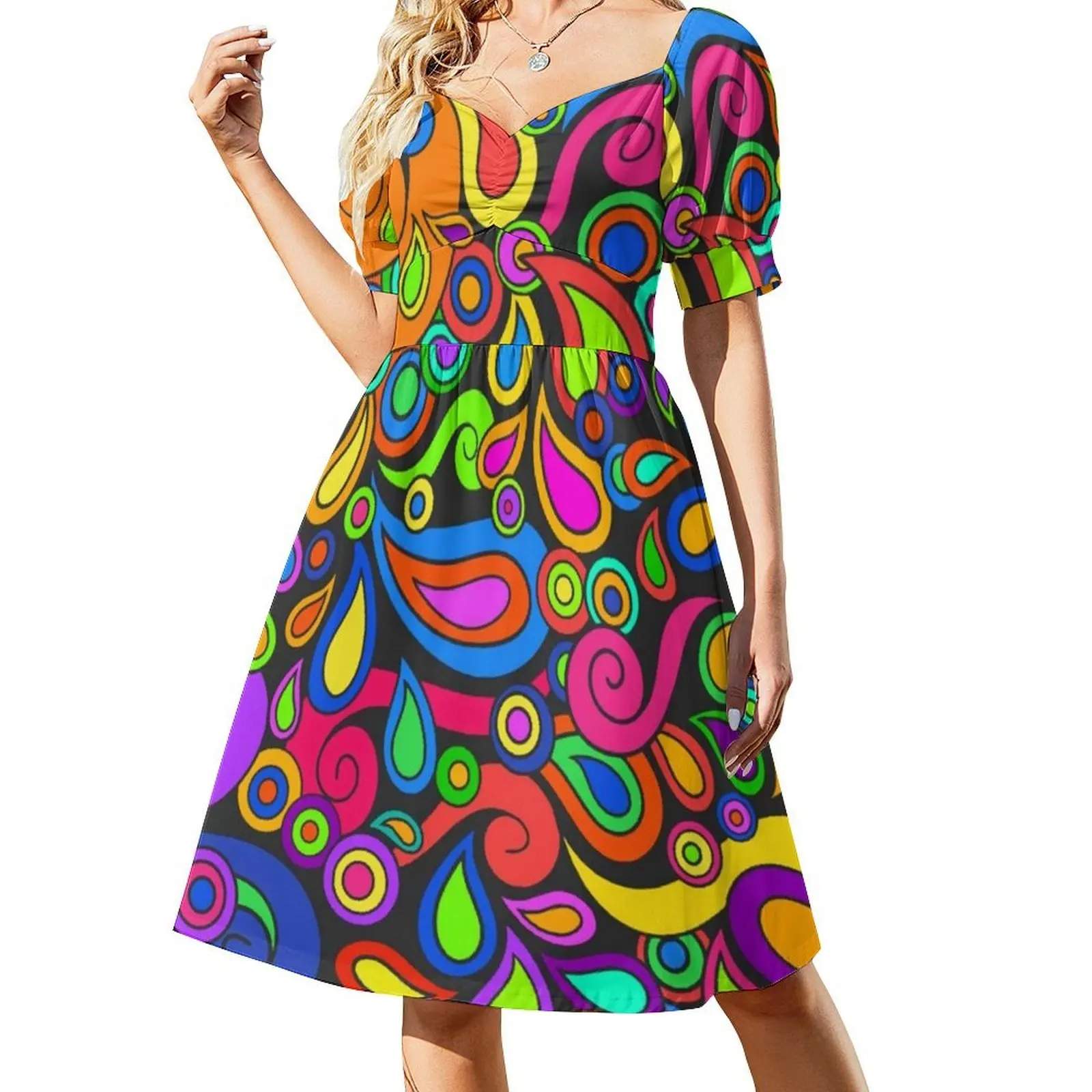 Hand Drawn Retro Vintage Funky Design Women's Hip Hop Streetwear Dress Graphic Print Party Club Wear Hippie Flower Vector