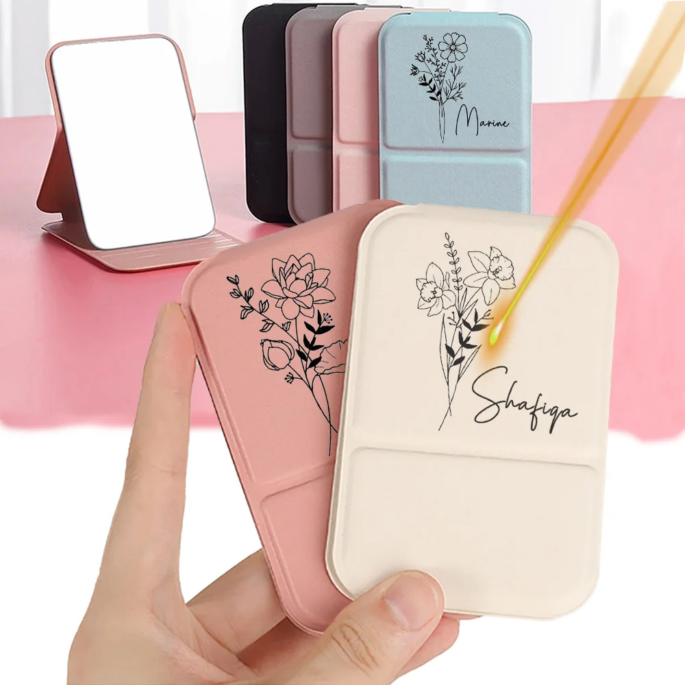Custom Macaron PU Mini Folding Makeup Mirror - Portable Standable Handheld Tabletop Mirror Ideal  for Dormitory Office Daily Use