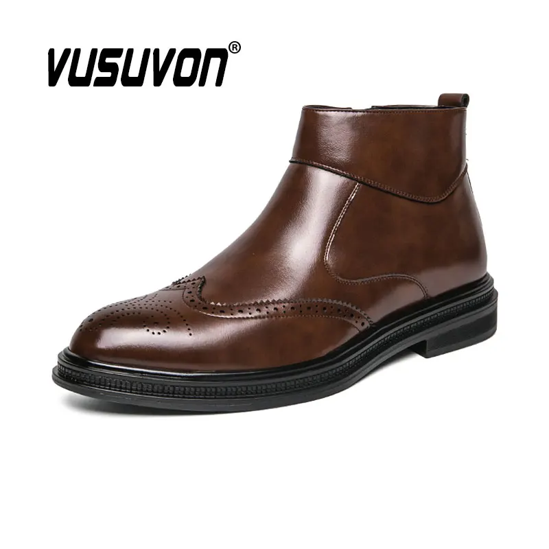 Italian Design Leather Men Zip Boots Casual Shoe Motorcycle Brogue Black Winter High Quality Boys Booties Botas Masculinas 38-46