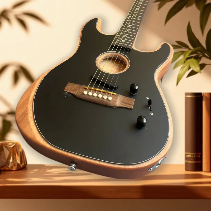 6 String ST Hybrid Acoustic Electric Guitar Black Matte Finish Wooden Binding Single Pickup Folk Pop Stage Guitar Beginner