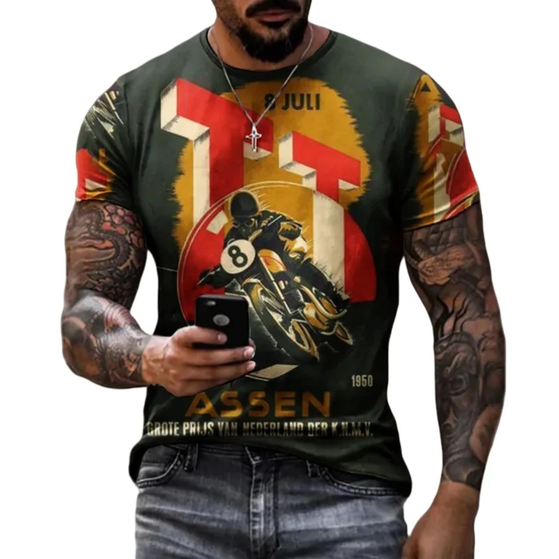 Vintage Motorcycle T-shirt For Men Summer O-Neck Loose Short Sleeve Hip Hop Tee Shirts Streetwear Tops Oversized Men Clothing