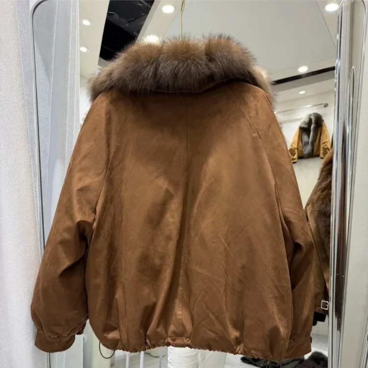 OFTBUY Real Suede Jacket Winter Warm Button Thick Padded Fashion Loose Outerwear Women Luxury Fox Fur Collar Duck Down Parka