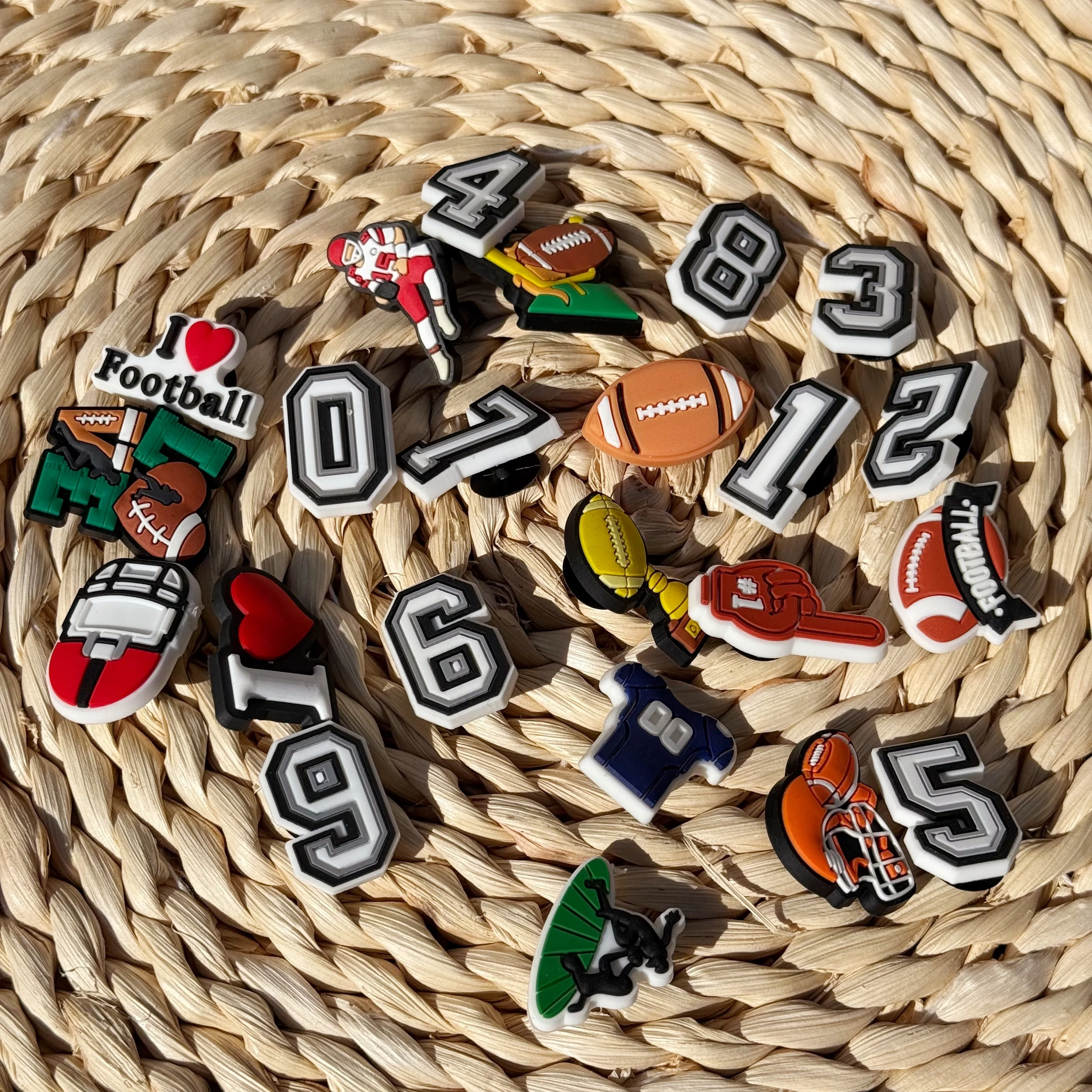 23-100Pcs Cartoon Sport Rugby Love Football Number PVC Shoes Charms Clogs Pins Sandals Shoes Decoration Kids Xmas Party Gift