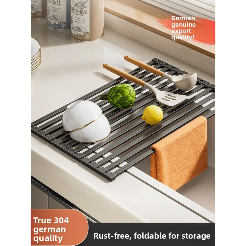 304 stainless steel kitchen sink drain rack dishwasher foldable silicone roller shutter pad rack storage basket