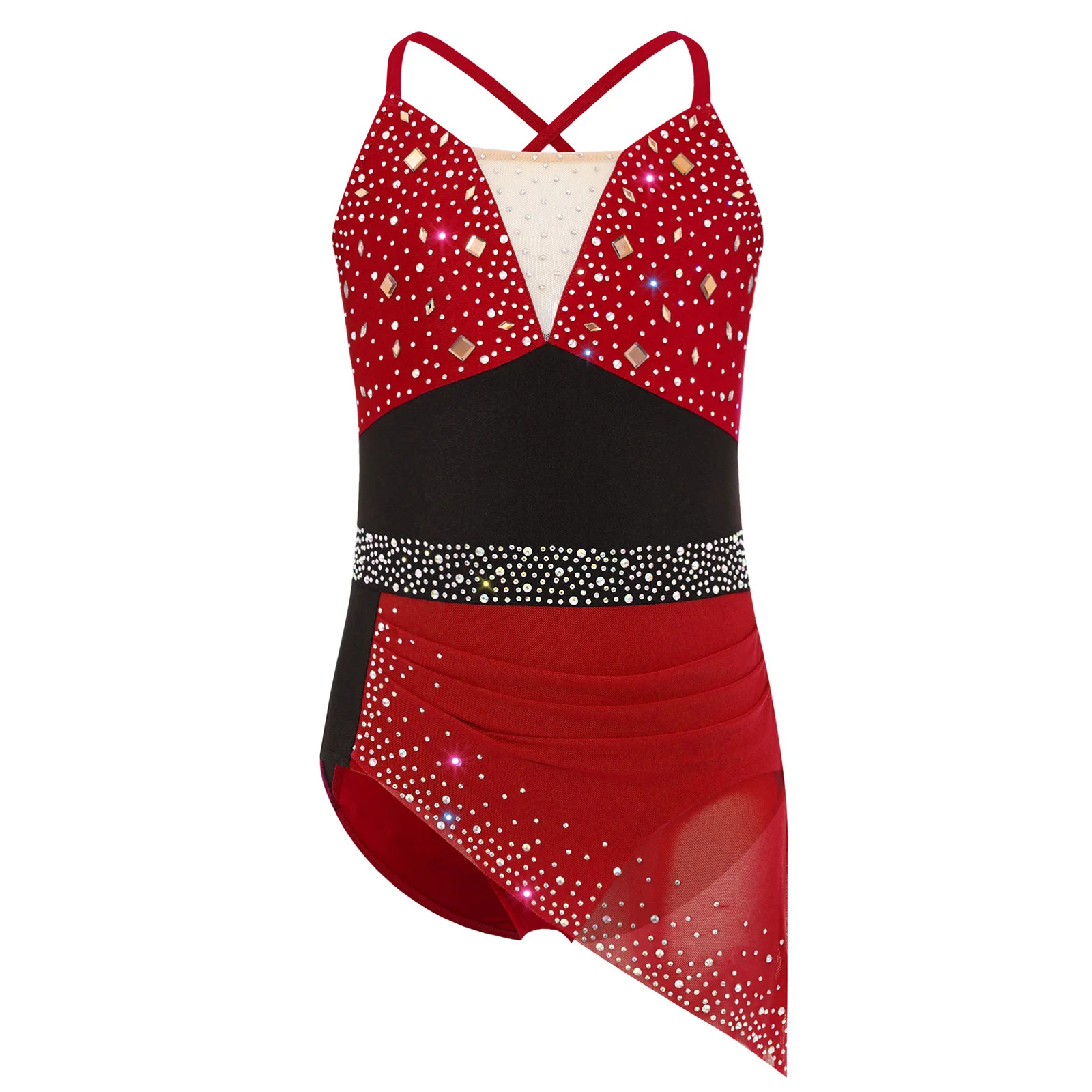Costume de spectacle de danse lyrique pour filles, robe à bretelles Spaghetti et strass, justaucorps de gymnastique rythmique