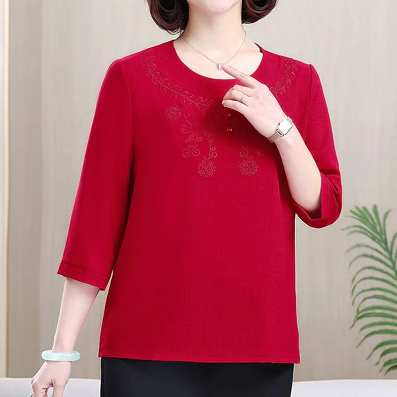 Casual Fashion Solid Color Embroidery T-shirt Summer Women's Clothing Commute All-match 3/4 Sleeve Round Neck Tops for Female