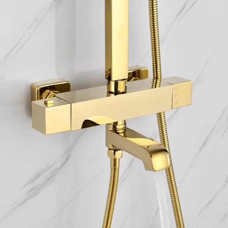 Thermostatic Bathroom Shower Set 12 Inch Rain Shower Head Brass Bathroom Mixer Faucet Gold Thermostatic Bathroom Shower System