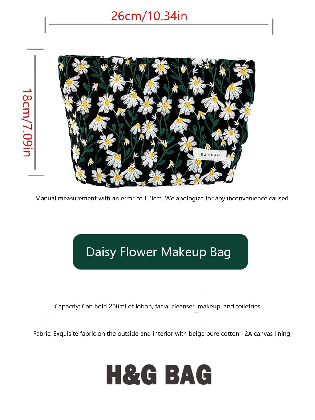 Embroidered Daisy Flower Floral Cosmetic Bag Portable Travel Bag Carry On Makeup Bag Skin Care Bag Toilet Bag Gift Box Women