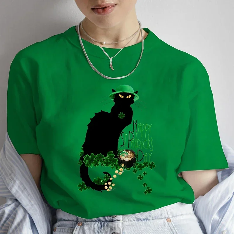 Fashion Tops Black Cat Female Tee Shirt Le Chat Noir Graphic T-Shirt for Women St Patrick's Day Print T-shirts Casual Streetwear