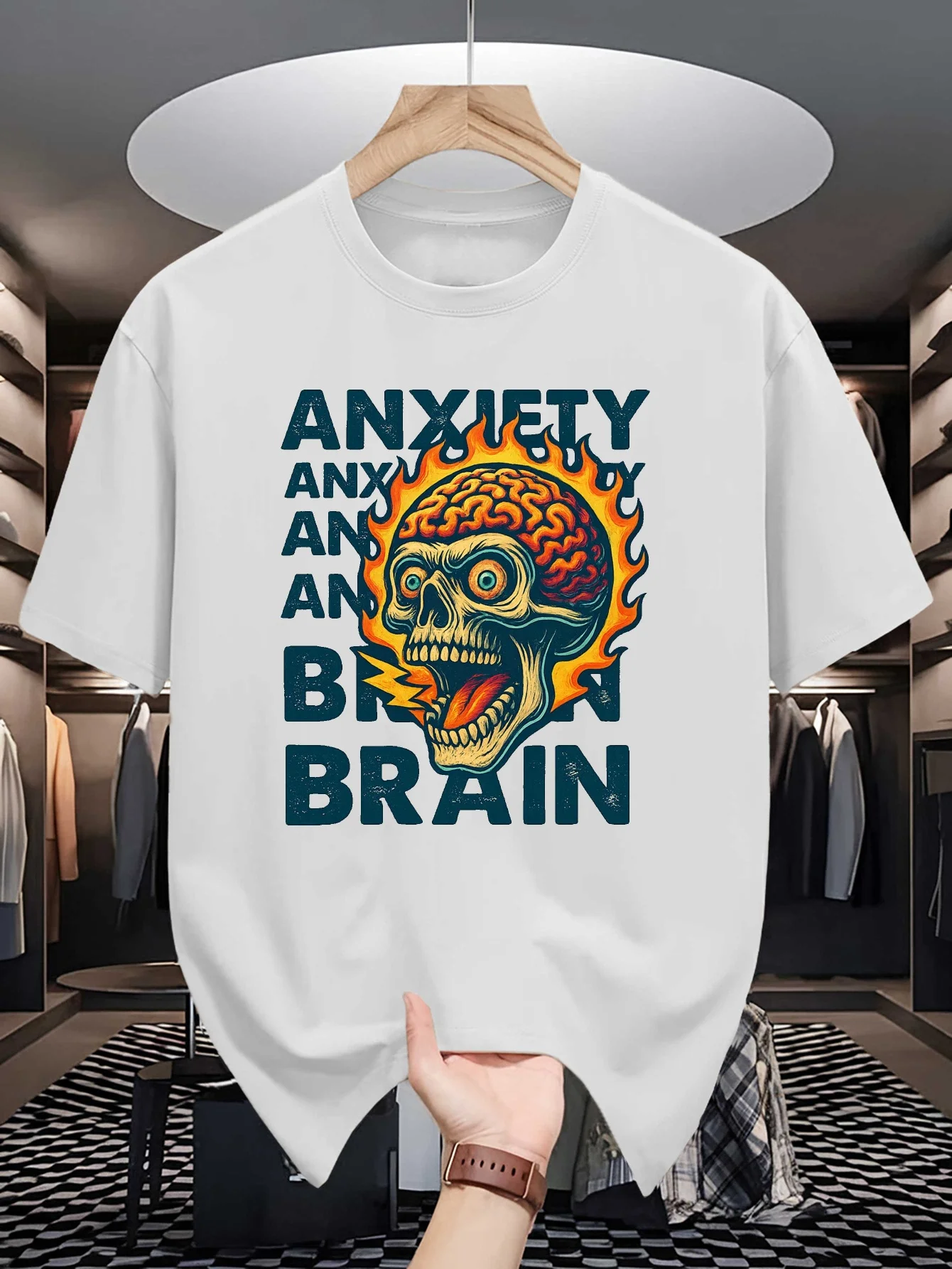 Mens Crew Neck T Shirt Anxiety Brain Flame Skull Retro Graphic Short Sleeve Casual Cotton Dark Punk Vintage Streetwear Tees